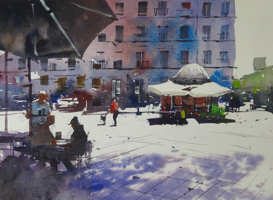 La Plaza de la Cebada, Madrid, in Sunlight Watercolour City Scene