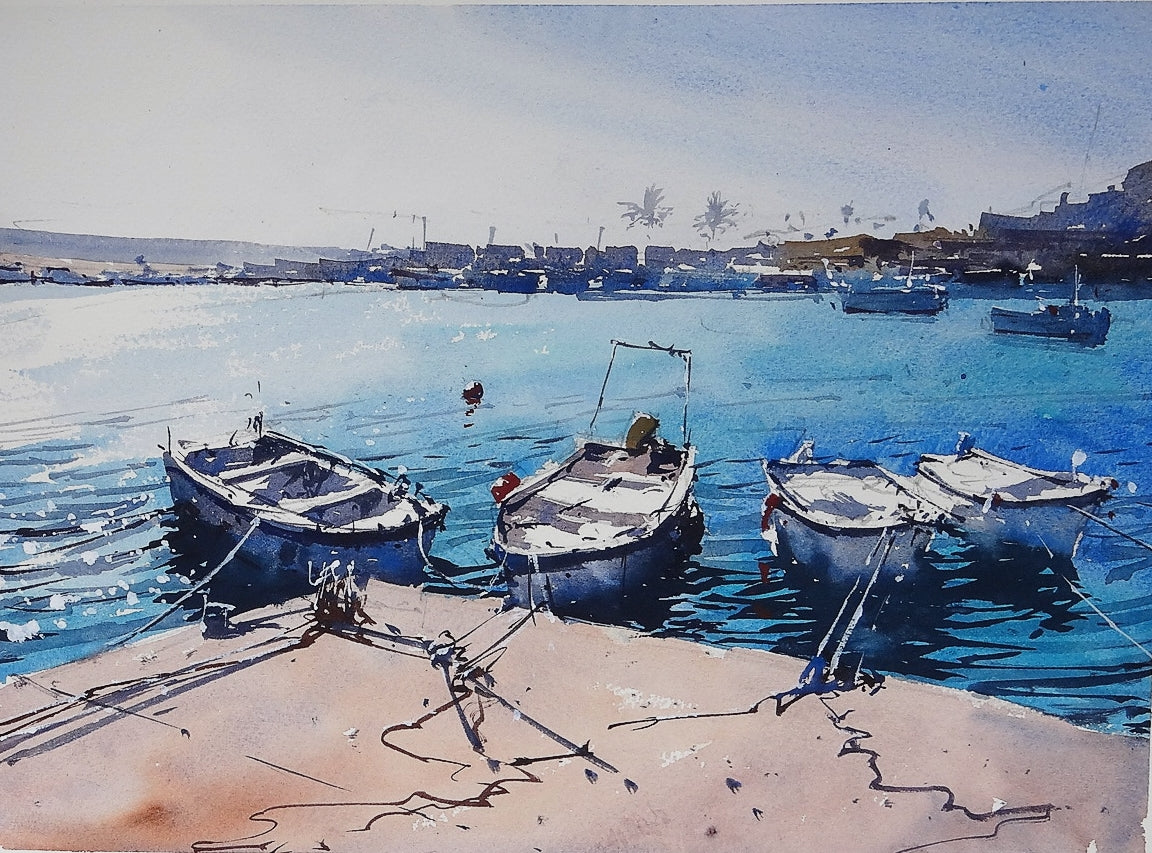 Original Watercolor - 4 Boats Fuengirola Port
