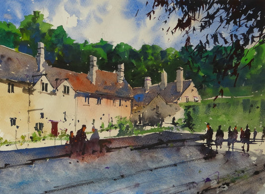 Castle Combe Cottages By Brook in Watercolour