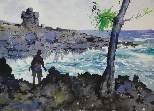 La Réunion Rocky Coast in Watercolour. Waves, Spray and Basalt Drama