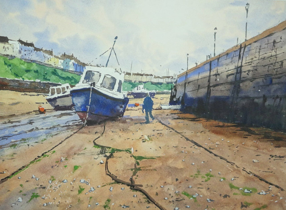 Low Tide and Blue Boats at Tenby Harbour
