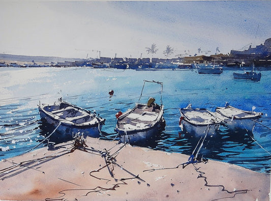 Original Watercolor - 4 Boats Fuengirola Port