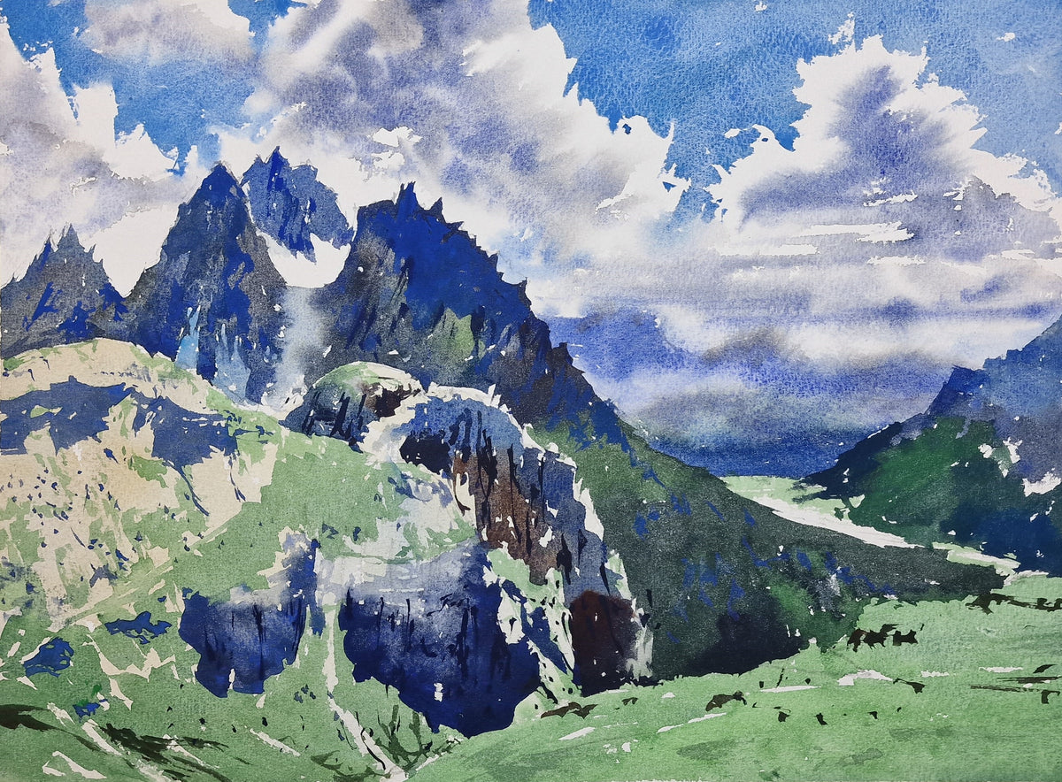 Original Watercolor - Dolomites and Clouds