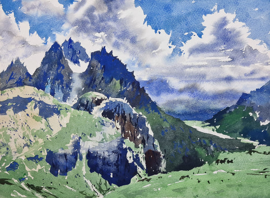 Original Watercolor - Dolomites and Clouds