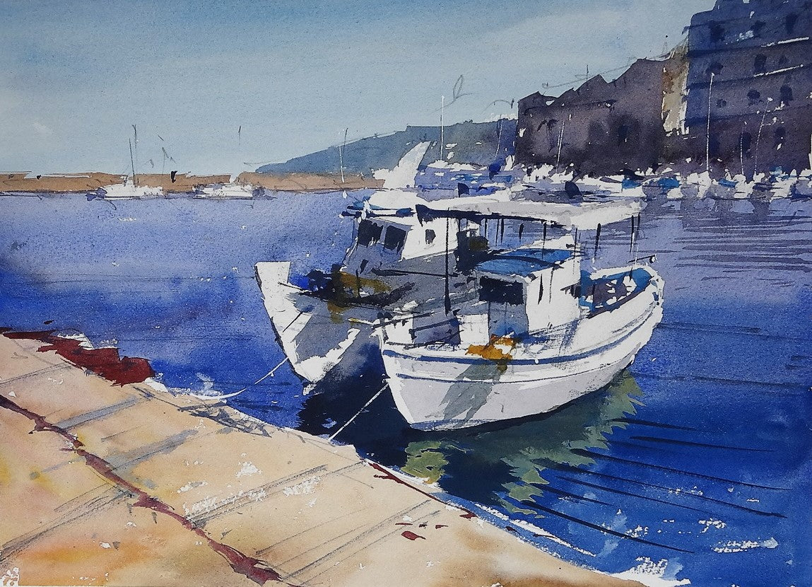 Original Watercolor - Fishing Boats, New Harbour, Chania 3