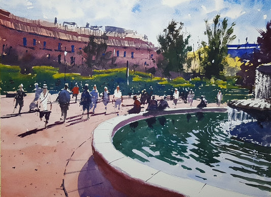 Original Watercolor - Fountain in the park, Madrid