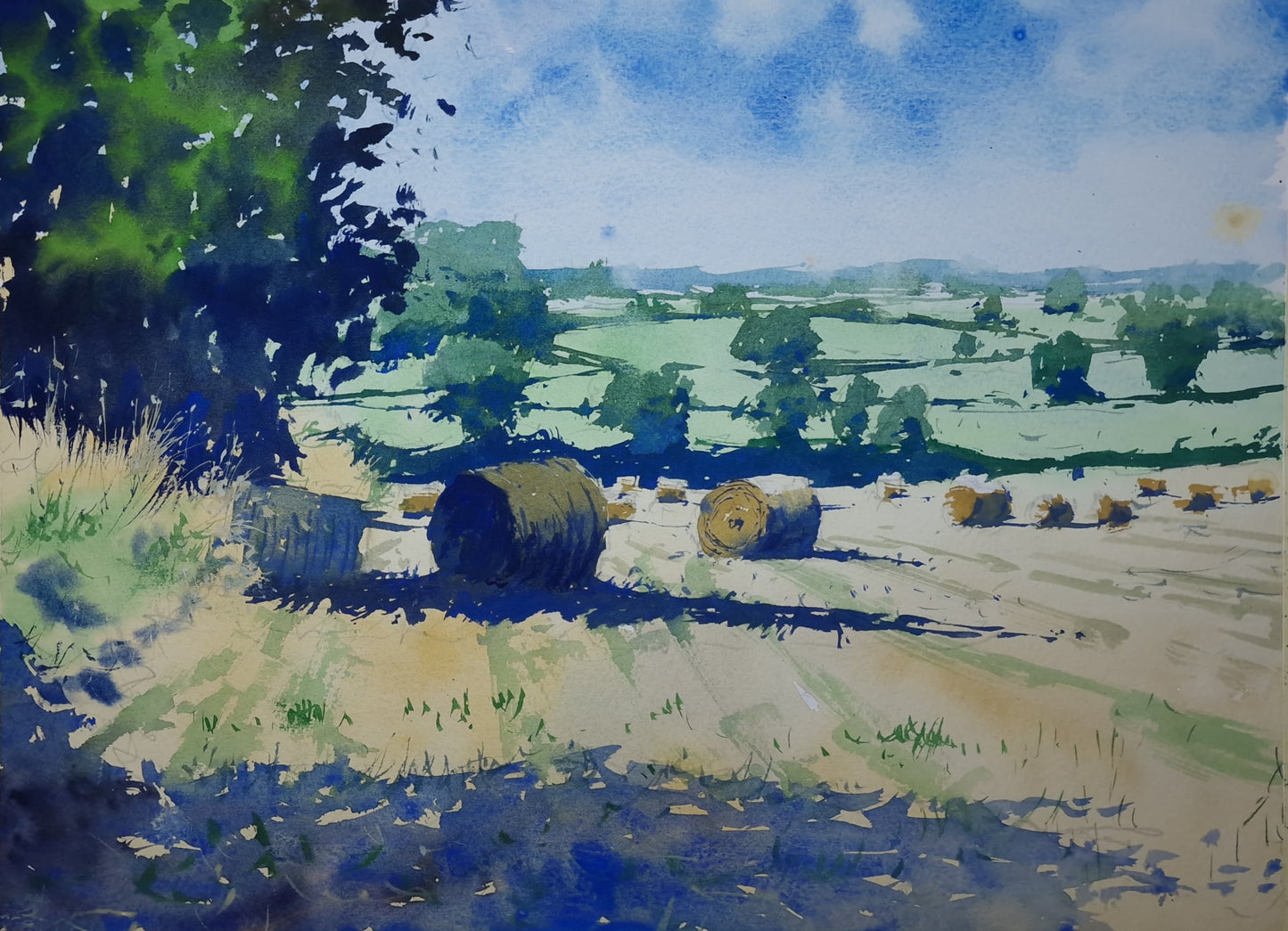 Original Watercolor - Hay Bales and Fields, Dodington