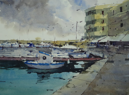 Original Watercolor - Symmetrical boat, Old Harbour, Chania
