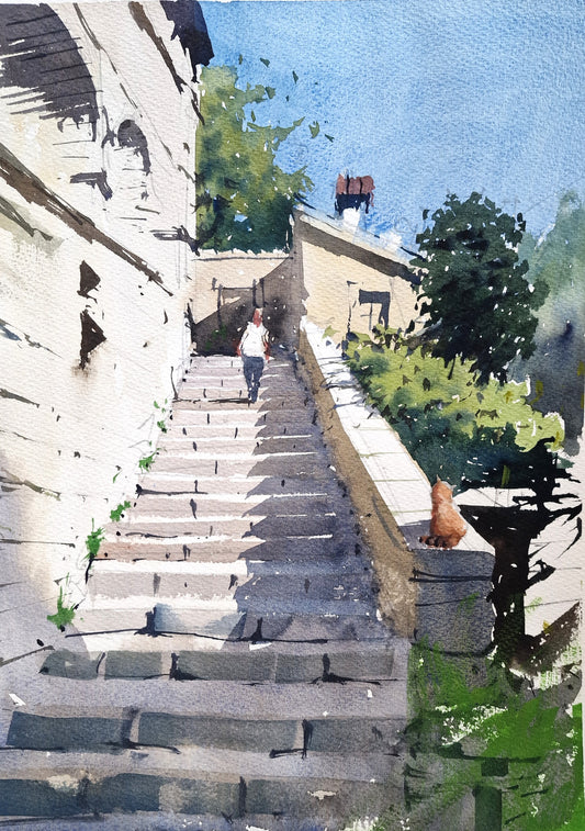 Original Watercolor - Verrucola Castle Steps and Cat