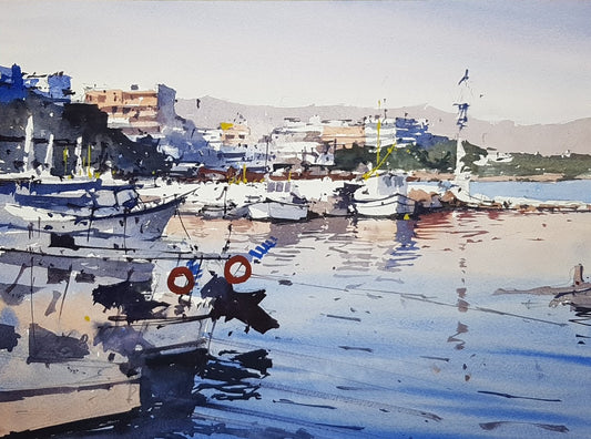 Original Watercolor - Fishing Boats, New Harbour, Chania 2