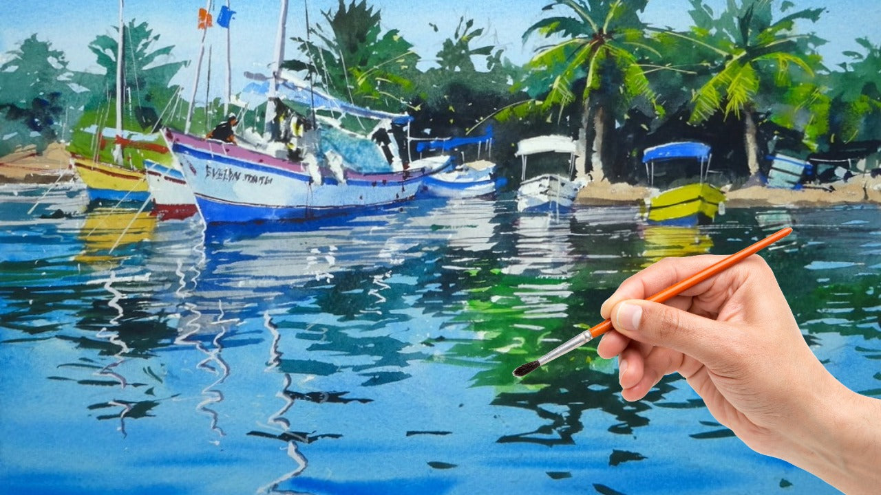 Load video: Watercolour Tutorial - Get some colour into your water reflections!